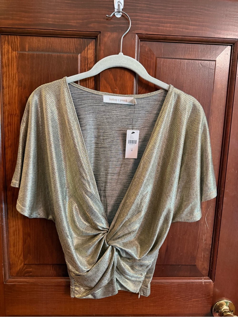 Bishop + Young Metallic Gold Twist Front Draped Top NWT M